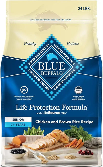 Blue Buffalo Life Protection Formula Senior Dry Dog Food, Supports Joint Health and Mobility, Made with Natural Ingredients, Chicken & Brown Rice Recipe, 34-lb. Bag - PAWPICO
