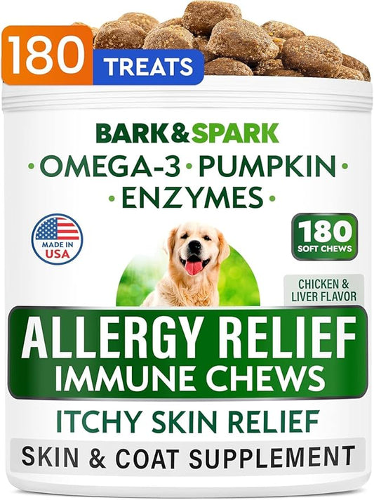 BARK&SPARK Dog Allergy Relief Chews (180 Immune Treats) - Anti-Itch Skin & Coat Supplement - Omega 3 Fish Oil - Itchy Skin Relief Treatment Pills - Itching&Paw Licking - Dry Skin & Hot Spots BARKSPARK