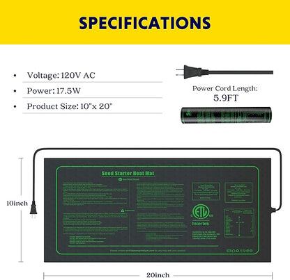 iPower Waterproof Seedling Heat Mat 10" x 20", ETL Certified Durable Germination Heating Pad, for Seed Starting Propagation iPower