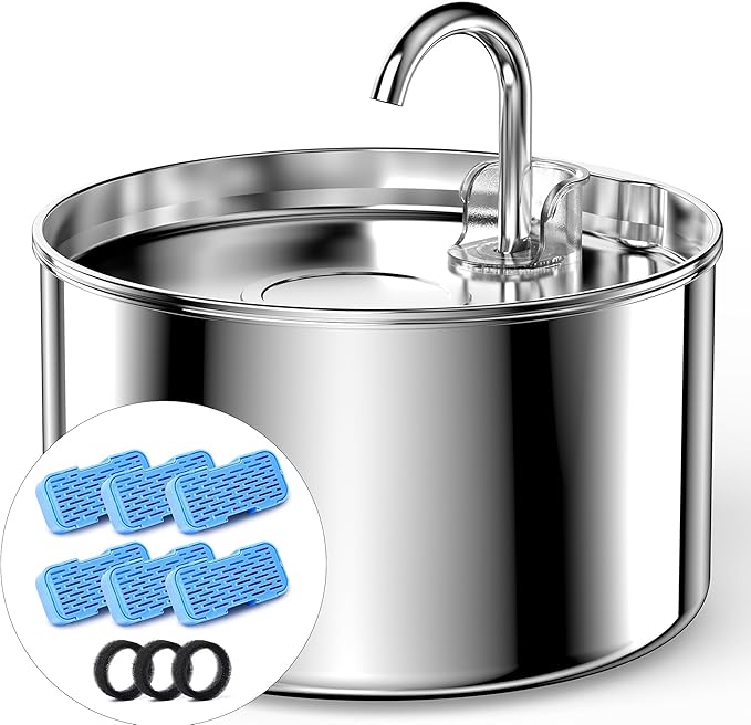 AOOGITF Cat Water Fountain + 6 Filters + 3 Sponges, 304 Stainless Steel Pet Water Fountain, 24 Hours Keep The Water Clean, 74oz Capacity, Ultra-Quiet, No Sputter, Compact, Easy Cleaning - PAWPICO