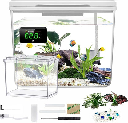Small Fish Tank Kit, 1.8-Gal Aquarium Kit with Digital Thermometer and Temporary Tank, Self-Cleaning & 18 LED Lights, Lightweight & Shatter-Resistant Betta Fish Tank (White) Moonorange