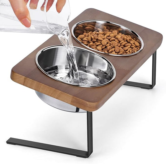 Elevated Cat Bowls, 15° Tilted Raised Cat Food Bowls Wood Pet Bowls with Stand Anti Vomiting 2 Stainless Steel Bowls for Cats and Puppy - PAWPICO