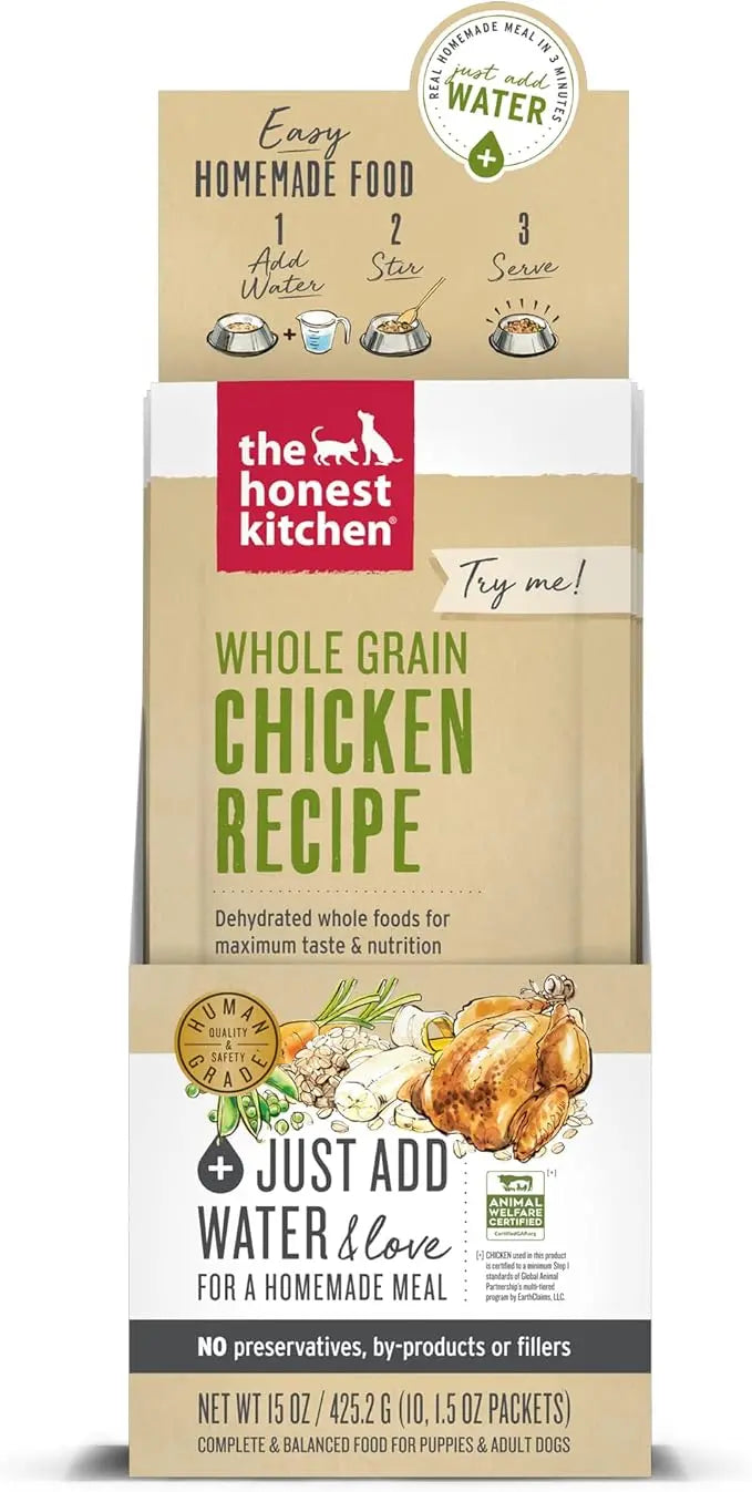 The Honest Kitchen Human Grade Dehydrated Whole Grain Dog Food – Complete Meal or Dog Food Topper – Chicken 10-Pack of 1.5 oz Sachets - PAWPICO