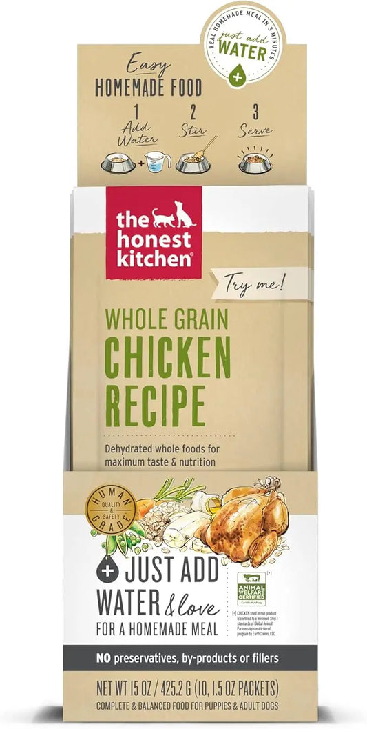 The Honest Kitchen Human Grade Dehydrated Whole Grain Dog Food – Complete Meal or Dog Food Topper – Chicken 10-Pack of 1.5 oz Sachets - PAWPICO