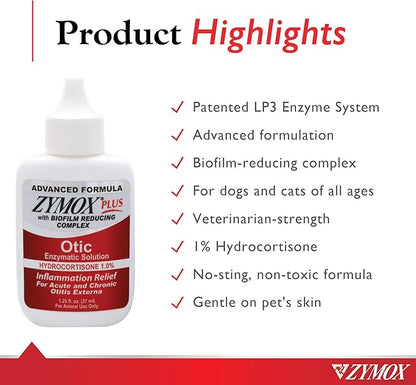 Zymox Advanced Formula Otic Plus Enzymatic Ear Solution for Dogs and Cats with 1% Hydrocortisone, 1.25oz ZYMOX