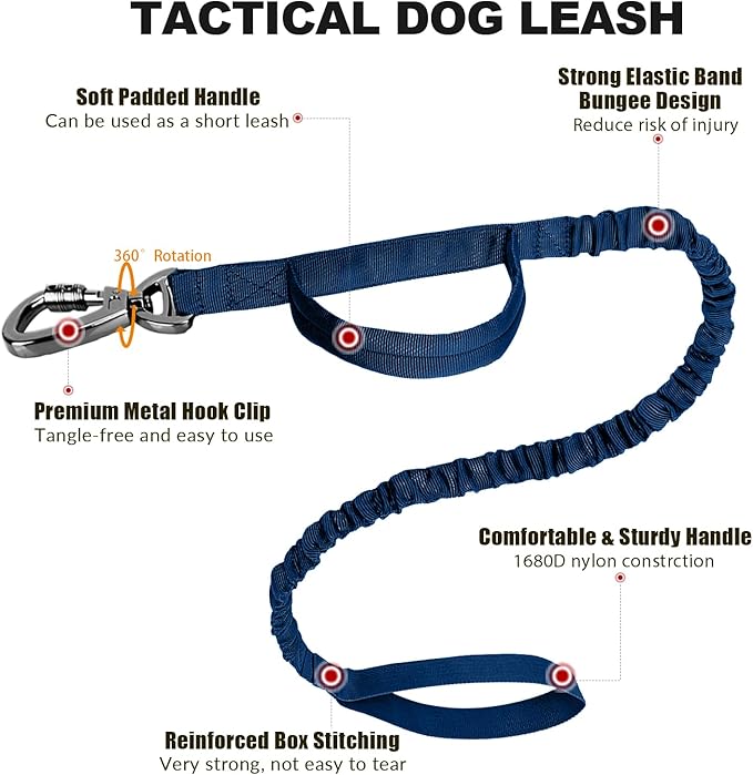 Tactical Dog Collar and Bungee Leash,Military Dog Collar & Leash Set with USA American Flag Adjustable K9 Collar with Heavy Duty Metal Buckle & Handle,with Patches and Airtags Case (Blue, L) Celifelight