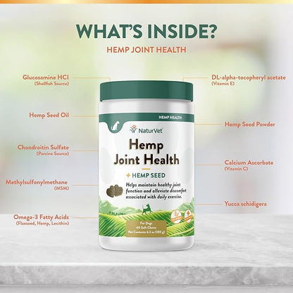 NaturVet Hemp Joint Health, Joint Care Support Supplement for Dogs, Soft Chews, 60ct Made in The USA NaturVet