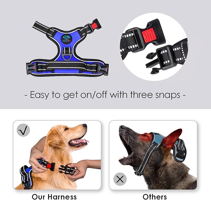 PHOEPET No Pull Dog Harness Medium Reflective Front Clip Vest with Handle,Adjustable 2 Metal Rings 3 Buckles,[Easy to Put on & Take Off](M, Royal Blue) - PAWPICO