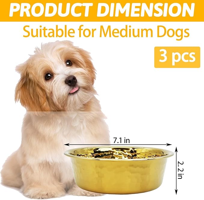 kathson 3pcs Premium Stainless Steel Dog Bowls, Hammered Thickened Metal Dog Bowl Feeding or Water Bowls for Small/Meidum/Large Sized Dogs&Cats Stackable Metal Cat Bowl Dishwasher Safe 7.1 Dia. - PAWPICO