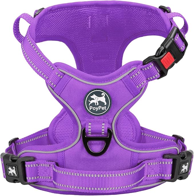 PoyPet No Pull Dog Harness, No Choke Reflective Dog Vest, Adjustable Pet Harnesses with Easy Control Padded Handle for Small Medium Large Dogs(Purple Matching Trim,L) PoyPet