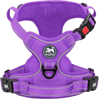 PoyPet No Pull Dog Harness, No Choke Reflective Dog Vest, Adjustable Pet Harnesses with Easy Control Padded Handle for Small Medium Large Dogs(Purple Matching Trim,L) PoyPet