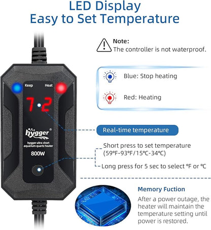 hygger 300W Aquarium Heater, Quartz Fish Tank Heater with LED Digital Display Thermostat Controller for 40-80 Gallon Freshwater Saltwater Tank hygger