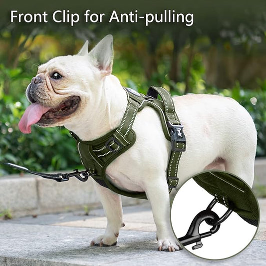 PoyPet No Pull Dog Harness, No Choke Reflective Dog Vest, Adjustable Pet Harnesses with 2 Leash Attachments with Easy Control Padded Handle for Small Medium Large Dogs(Military Green,XL) PoyPet