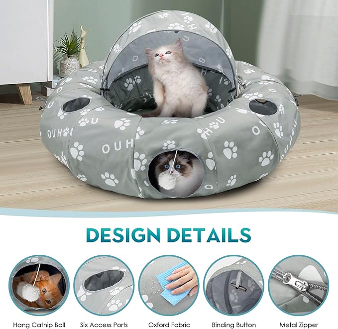 Cat Tunnel Bed, Cat Tunnels for Indoor Cats, Cat Donut Tunnel with Mat, Straight Tunnel, 4 Hanging Balls and Blackout Tent, Collapsible Peekaboo Cat Cave - PAWPICO