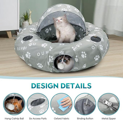 Cat Tunnel Bed, Cat Tunnels for Indoor Cats, Cat Donut Tunnel with Mat, Straight Tunnel, 4 Hanging Balls and Blackout Tent, Collapsible Peekaboo Cat Cave - PAWPICO