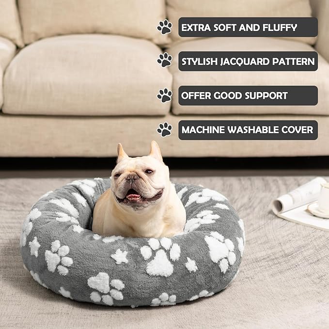 Donut Dog Beds for Small Dogs, Calming Round Cat Beds for Indoor Cats, Cute 3D Textured Paw Pet Bed with Removable Washable Cover and Anti-Slip Bottom（Grey，20"） - PAWPICO