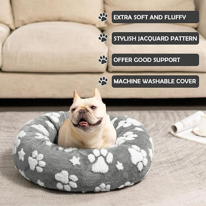Donut Dog Beds for Small Dogs, Calming Round Cat Beds for Indoor Cats, Cute 3D Textured Paw Pet Bed with Removable Washable Cover and Anti-Slip Bottom（Grey，20"） - PAWPICO