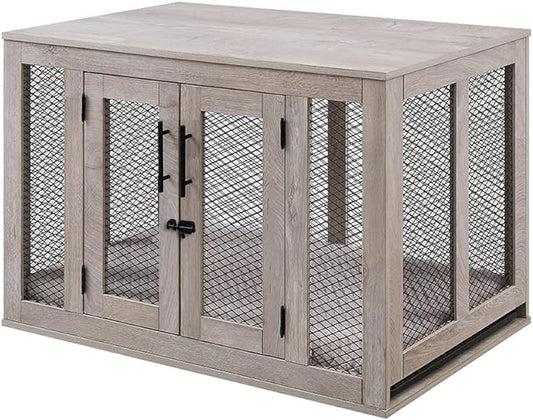 unipaws Dog Crate Furniture, Wooden Dog Kennel for Medium Breed, Indoor Decorative Wood Dog Cage, Inside Side End Table Crate with Removable Tray and Dog Bed, Dog Enclosure, for Dogs Up to 40 lbs - PAWPICO