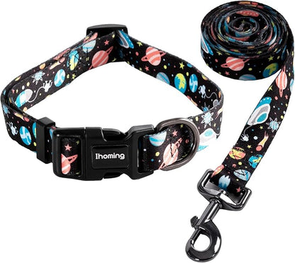 Ihoming Dog Collar and Leash Set for Daily Outdoor Walking Running Training, Space Design for Medium Boys Girls Dogs Cats Pets, M-Up to 45LBS Ihoming