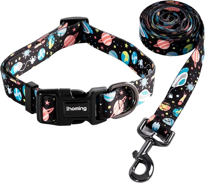 Ihoming Dog Collar and Leash Set for Daily Outdoor Walking Running Training, Space Design for Small Boys Girls Dogs Cats Pets, S-Up to 20LBS Ihoming