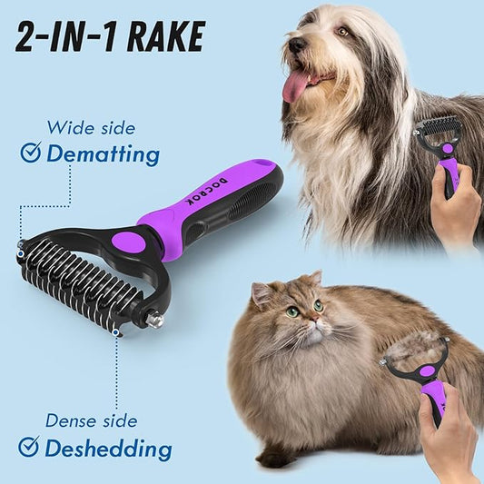 Pet Grooming Brush and Metal Comb Combo - Undercoat Rake for Dematting and Deshedding Long Matted Haired Dogs and Cats, Purple - PAWPICO