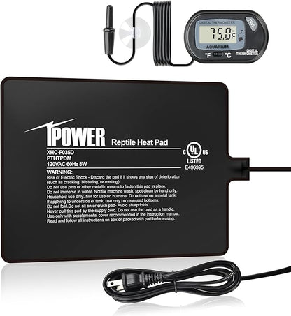 iPower 6 by 8-Inch 8W Reptile Heat Mat, LCD Digital Aquarium Thermometer, Under Tank Warmer Terrarium Heat Pad for Turtles Lizards Frogs and Other Small Animals, Multi Sizes iPower