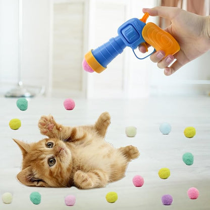 Andiker Cat Toy Balls Set, 30pcs Plush Cat Pom Pom Balls&a Plastic Launcher Set for Cat Catch&Fetch Interactive Cat Toy with Colorful&Soft Cat Balls for Indoor Cats to Keep Fit (Blue 100balls) - PAWPICO