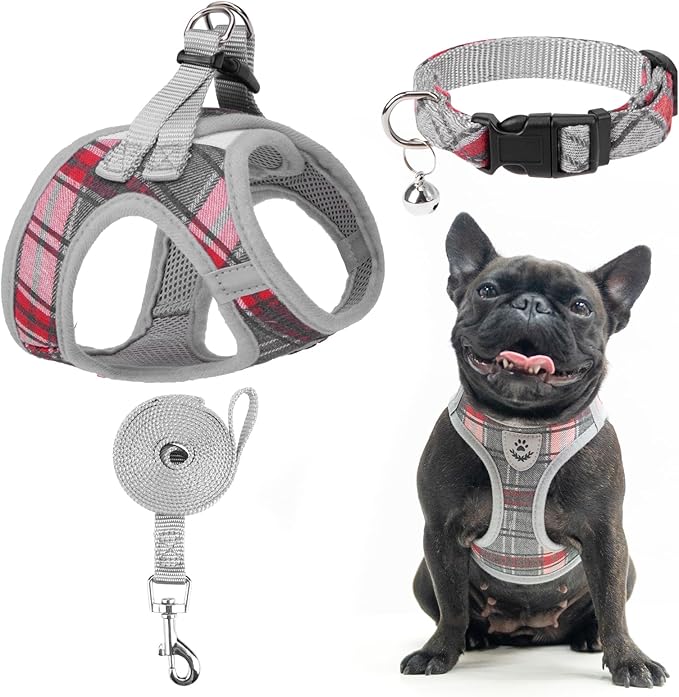 EXPAWLORER Classic Plaid Dog Harness - Large Dog Collar and Leash - Soft Mesh Padded Adjustable Step in Dog Vest Harness No Pull, Reflective Escape Proof for Outdoor Walking, Grey Large EXPAWLORER
