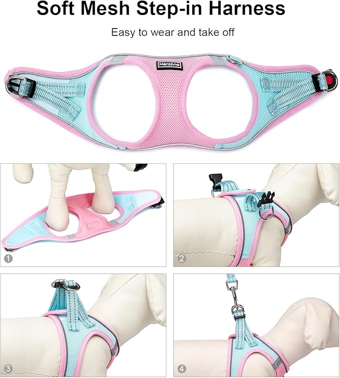 Mercano Soft Mesh Dog Harness and Leash Set, No-Chock Step-in Reflective Breathable Lightweight Easy Walk Escape Proof Vest Harnesses with Safety Buckle for Small Medium Dogs, Cats (XS, Pink Blue) PAWPICO