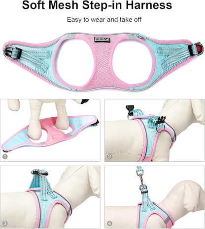 Mercano Soft Mesh Dog Harness and Leash Set, No-Chock Step-in Reflective Breathable Lightweight Easy Walk Escape Proof Vest Harnesses with Safety Buckle for Small Medium Dogs, Cats (XS, Pink Blue) PAWPICO