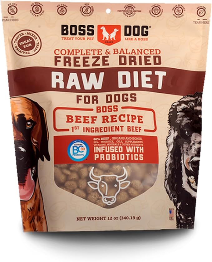 Complete & Balanced Freeze Dried Raw Diet for Dogs, Beef Recipe, 12 oz Bag BossDogBrand