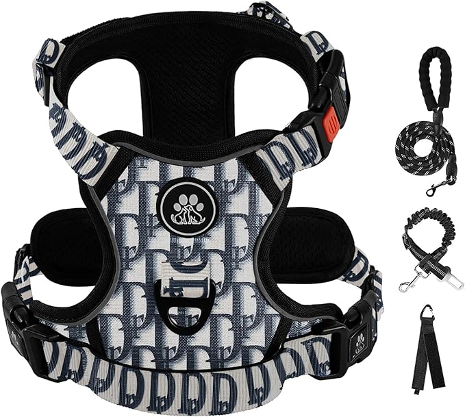 IVY&LANE No Pull Dog Harness with Leash Set, Reflective No Choke Pet Vest,Adjustable Oxford Dog Vest Harness with Easy Control Handle for Large Dogs (Vintage Blue,XL) IVYLANE