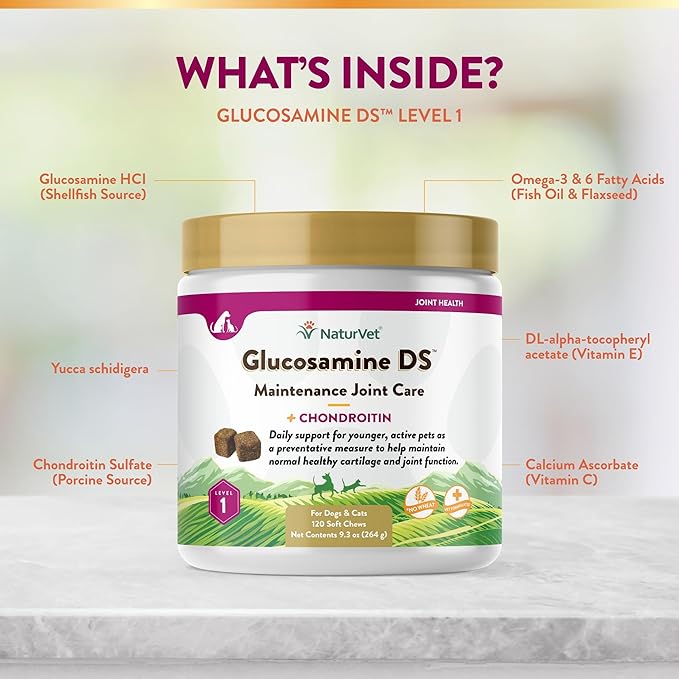 NaturVet Glucosamine DS Level 1 Maintenance, Joint Care Support Supplement for Dogs and Cats, Soft Chews, Made in The USA NaturVet