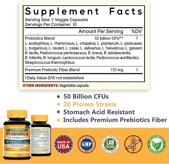 NewRhythm Probiotics 50 Billion CFU 20 Strains, 120 Veggie Capsules, Targeted Release Technology, Stomach Acid Resistant, No Need for Refrigeration, Non-GMO, Gluten Free NewRhythm