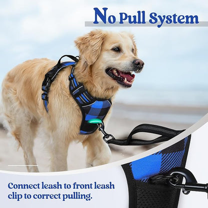rabbitgoo Dog Harness No Pull with 2 Leash Clips, Adjustable Soft Padded, Reflective Oxford No Choke Pet Vest with Easy Control Handle for Large Dogs, Blue Plaid, L rabbitgoo