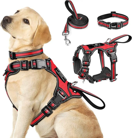 WINSEE Pet Harness Collar and Leash Set, All-in-one Reflective Dog Harness No Pull with Adjustable Buckles for Puppies, Small, Medium, Large, and Extra-Large Dogs (Large, Red) WINSEE