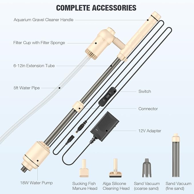 AKKEE Aquarium Vacuum Gravel Cleaner: 18W Gravel Vacuum for Fish Tank with Strong Suction for Automatic Change Water, Remove Dirt Wash Sand Water Shower and Water Circulation, Beige AKKEE