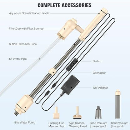 AKKEE Aquarium Vacuum Gravel Cleaner: 18W Gravel Vacuum for Fish Tank with Strong Suction for Automatic Change Water, Remove Dirt Wash Sand Water Shower and Water Circulation, Beige AKKEE