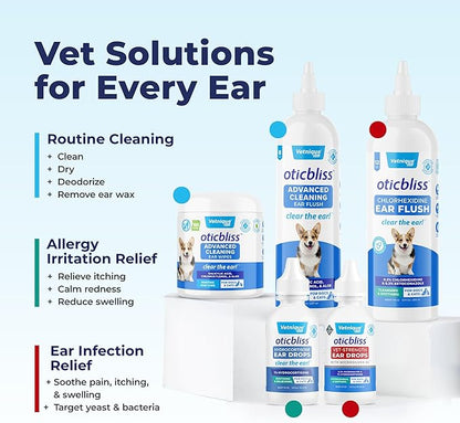 Vetnique Labs Oticbliss Ear Cleaner Wipes/Flushes for Dogs & Cats with Odor Control and Itch Relief Reduces Head Shaking - Clear The Ear VetniqueLabs