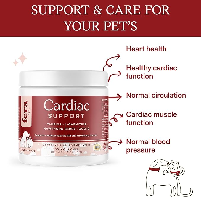 Fera Pets Cardiac Supplement for Dogs & Cats – 60 Capsules – Vet Created -Cardiovascular Function & Strength-Taurine, CoQ10, Organic Hawthorne Berry FeraPets