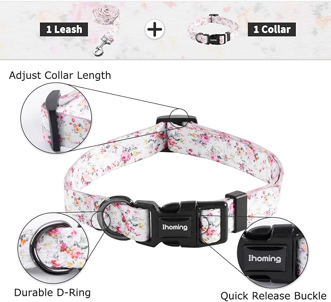 Ihoming Dog Collar and Leash Set for Daily Outdoor Walking Running Training, Floral Sky Design for Medium Boys Girls Dogs Cats Pets, M-Up to 45LBS Ihoming