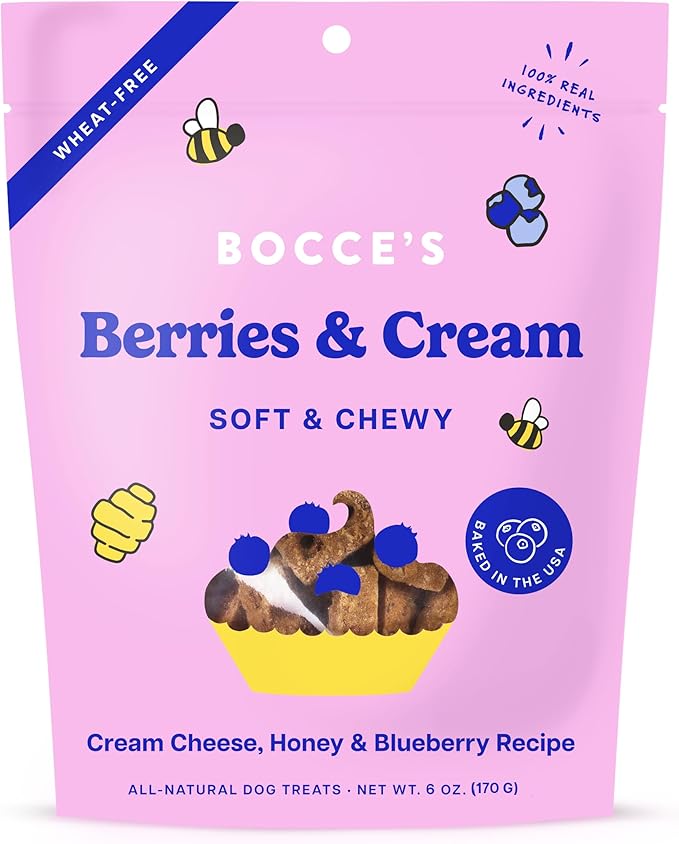 Bocce's Bakery 'Berries & Cream Treats for Dogs, Wheat-Free Everyday Dog Treats, Made with Real Ingredients, Baked in The USA, All-Natural Soft & Chewy Cookies, Cream Cheese & Blueberry, 6 oz - PAWPICO
