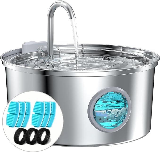 Cat Water Fountain Stainless Steel: Cat Fountain for Drinking - 108oz/3.2L Pet Water Fountain for Cats Indoor - Quiet Water Fountain for Cats - Faucet Pet Fountain - Contains 6 Filters + 3 Sponges - PAWPICO