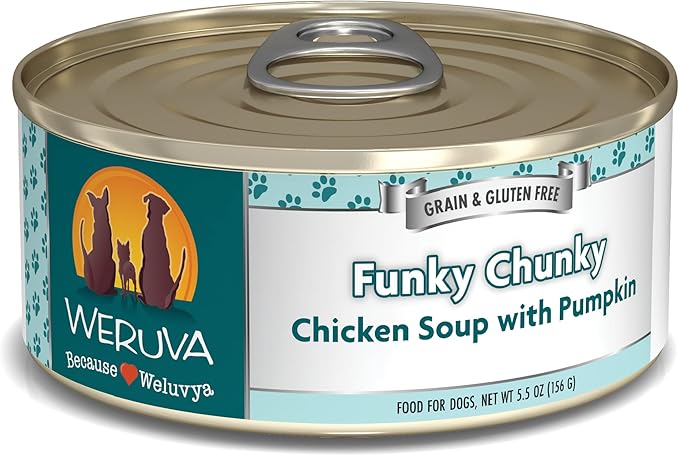 Weruva Classic Dog Food, Funky Chunky Chicken Soup with Chicken Breast & Pumpkin in Gravy, 5.5oz Can (Pack of 24), Blue - PAWPICO