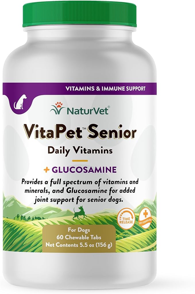NaturVet –VitaPet Senior Daily Vitamins for Senior Dogs – Plus Glucosamine – Full Spectrum of Vitamins & Minerals – Enhanced with Glucosamine for Added Joint Support – 60 Time Release Tablets NaturVet
