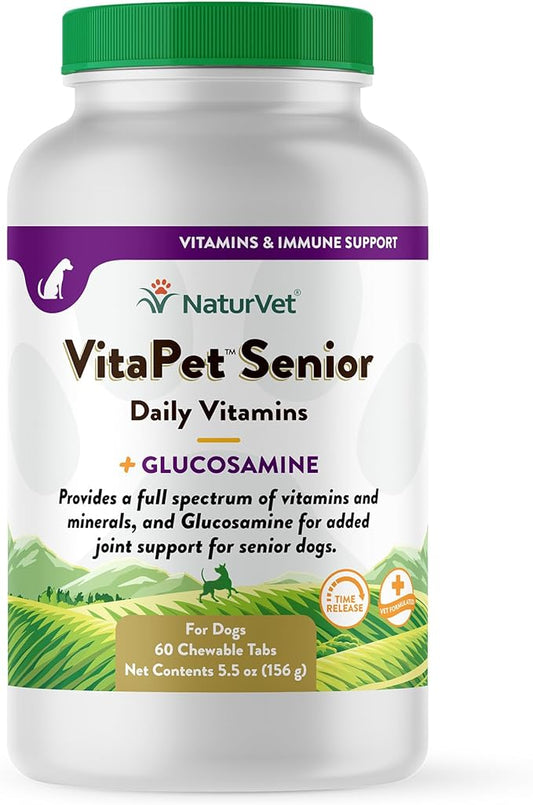 NaturVet –VitaPet Senior Daily Vitamins for Senior Dogs – Plus Glucosamine – Full Spectrum of Vitamins & Minerals – Enhanced with Glucosamine for Added Joint Support – 60 Time Release Tablets NaturVet