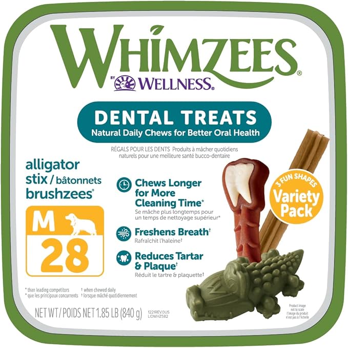 WHIMZEES by Wellness Variety Box: All Natural Dental Chews for Dogs (Medium), 28 Count - Dog Treats, Freshens Breath, Gluten & Grain-Free (Packaging May Vary) - PAWPICO