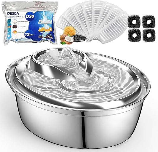 ORSDA Cat Water Fountain, 2L Stainless Steel Pet Water Fountain, Automatic Drinking Fountain Dog Water Dispenser with 12 Replacement Filters for Cats, Small Dogs - PAWPICO