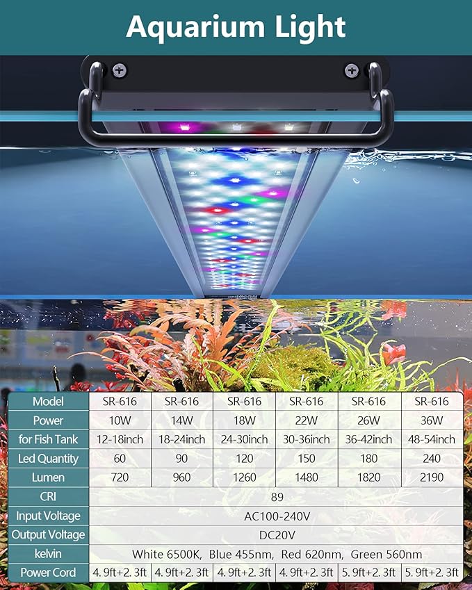 Led Aquarium Light for Plants-Full Spectrum Fish Tank Light with Timer Auto On/Off, 48-54 Inch, Adjustable Brightness, White Blue Red Green Pink LEDs with Extendable Brackets for Freshwater SEAOURA