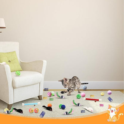 Cat Toys for Indoor Cats, 34 Packs Interactive Cat Toys for Kitten, Cat Toys Set with Colorful Cat Spring Toys, Cat Mouse Toy, Catnip Ropes, Colorful Balls and Bells, Sisal Ball - PAWPICO